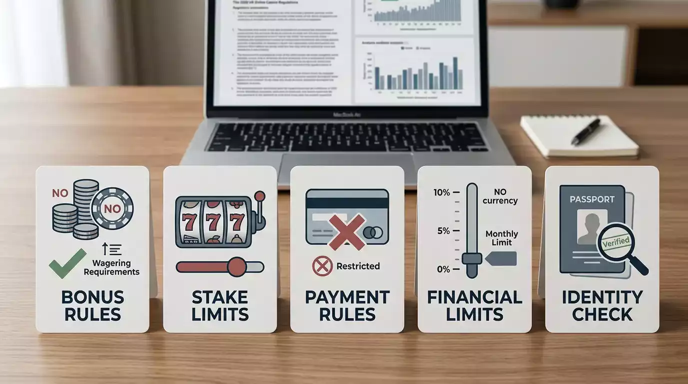 UK online casino rules 2026 evidence card with bonus wagering cap, slot stake limits and credit-card restrictions relevant to WinOMania