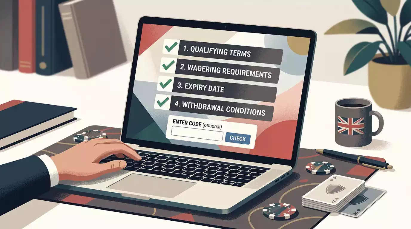 Bonus checklist with code, wagering, expiry and withdrawal checks