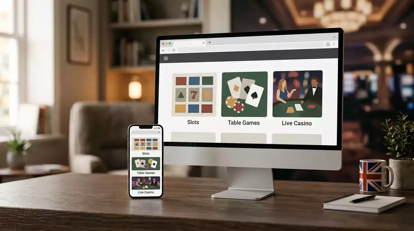 Balanced online casino lobby concept showing desktop and mobile browser play without logos or text