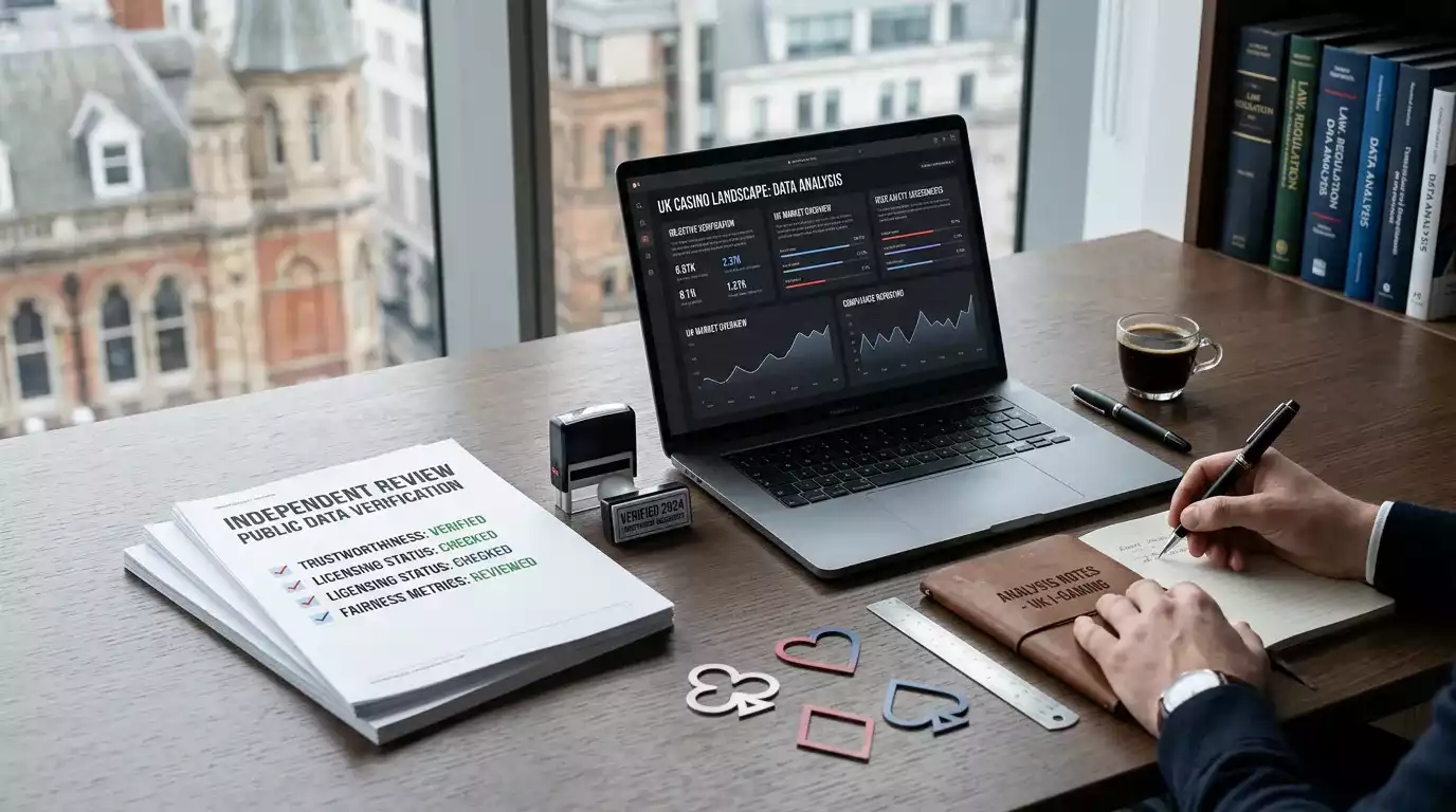 Neutral editorial illustration of a UK online casino review desk with licence and checklist notes