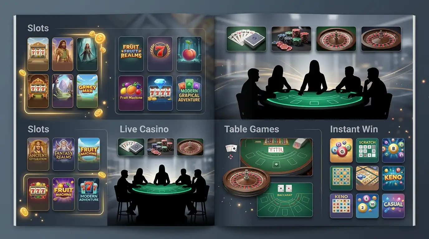 WinOMania games library overview showing slots, live casino, table and instant-win categories for UK players
