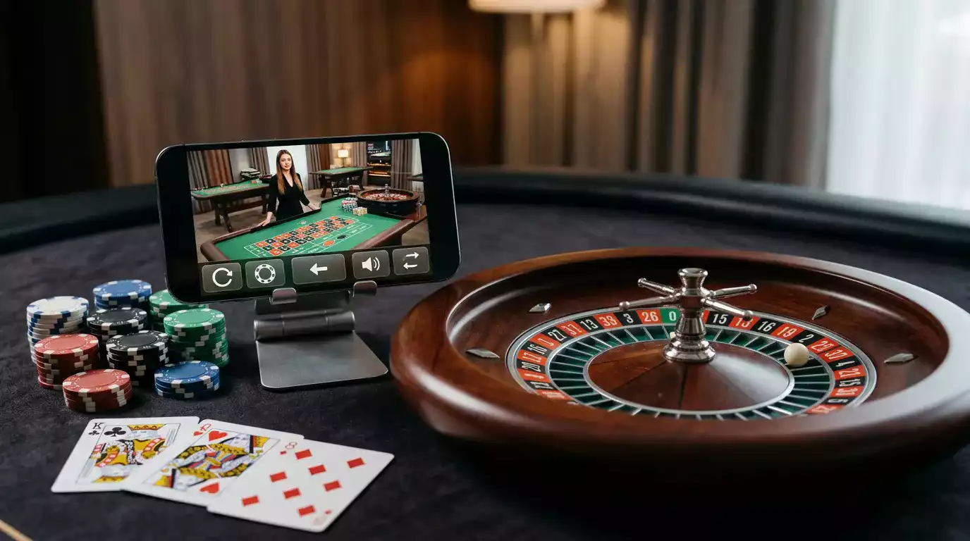 WinOMania live casino concept with live dealer table, roulette wheel and mobile browser screen