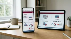 WinOMania mobile casino browser checklist on phone and tablet with caution symbol against unofficial APK downloads