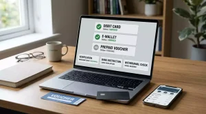 UK casino payment checklist with debit card, e-wallet, voucher, bank block and withdrawal review symbols