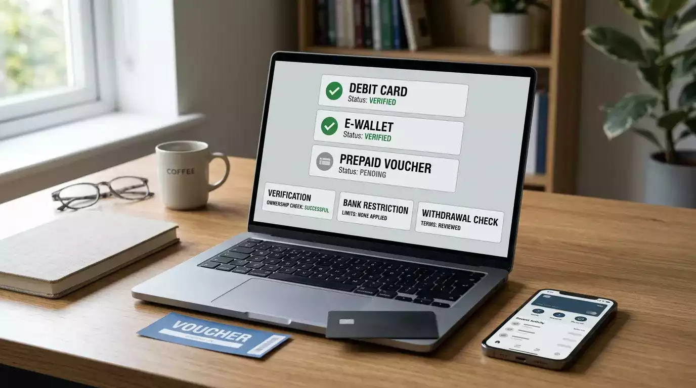 UK casino payment checklist with debit card, e-wallet, voucher, bank block and withdrawal review symbols