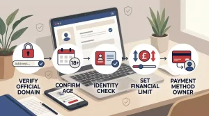 WinOMania UK registration checklist with official domain, age check, financial-limit prompt and verification icons