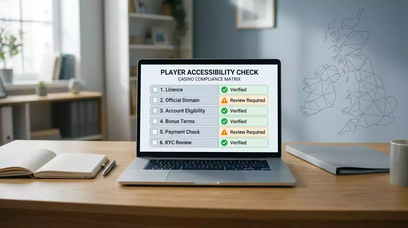 Availability matrix for UK casino players with licence, account, bonus, payments and KYC checks